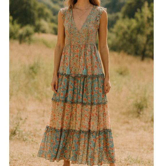 Allison Floral Maxi Dress Size Medium Turquoise Pink Sleeveless Tiered Peasant - Picture 2 of 12